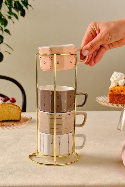 Karaca Versay 4-Piece Mug Set with Stand 180 ml