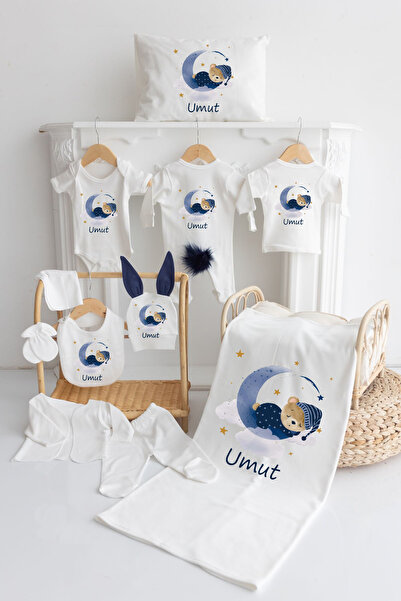 Bebe wini %100 Pamuk Baskılı Tavşanlı 11’li Isimli Organik Lacivert Tavşanlı Bebek Hastane Çıkışı