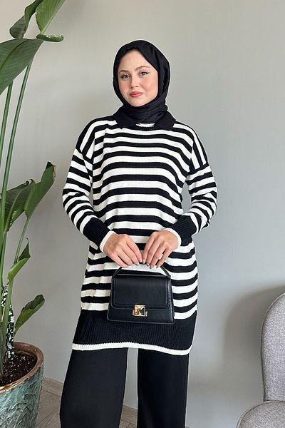 InStyle Shirt Collar Striped Black Knitwear Set
