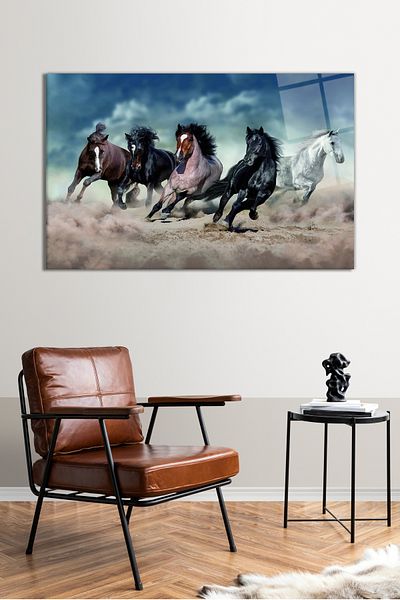 Vosevu Pictură pe sticlă Running Noble Horses, Decor modern pentru casă și birou, Decorare de perete cadou, Sticlă rezistentă la spargere