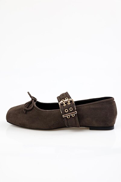 5in1Canpolat Bitter Brown Buckle Square Toe Ballerinas 24154