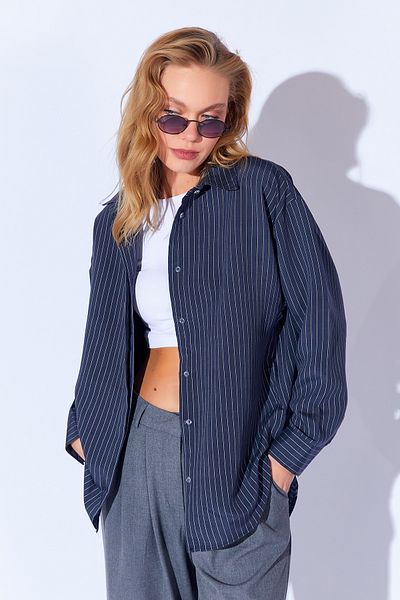 Manche Navy Blue Striped Modal Soft Textured Comfortable Women's Shirt - Mkw 169403 -01