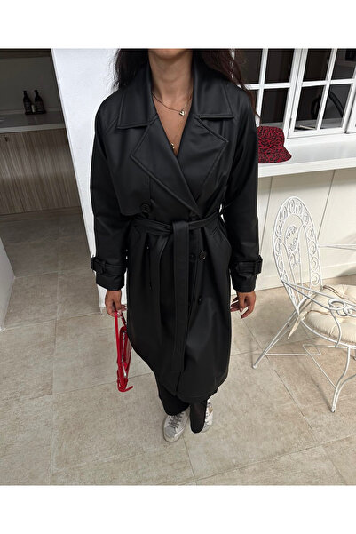 Ekim Store Siyah Kuşaklı Astarlı Deri Trenç Pardesü