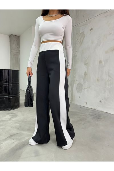 BİKELİFE Women's Black Side Striped Scuba Wide Leg Trousers