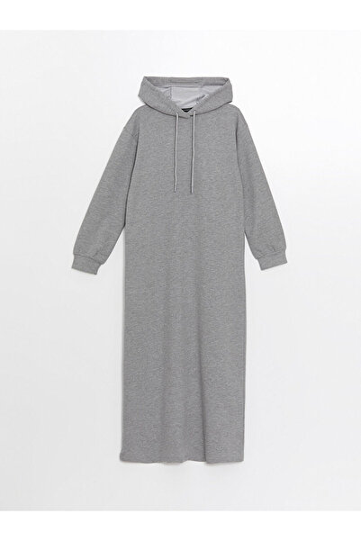 LC Waikiki Gri Kapüşonlu Düz Uzun Kollu Kadın Elbise