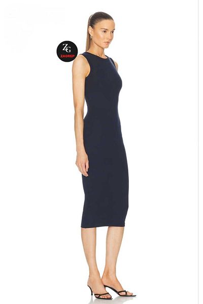 Zagrep Women's Navy Blue Sleeveless Crew Neck Lined Silk Jersey Midi Dress