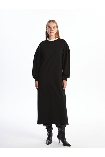 LC Waikiki Black Ruffle Stand Collar Lcw Modest Women's Sweatshirt Dress