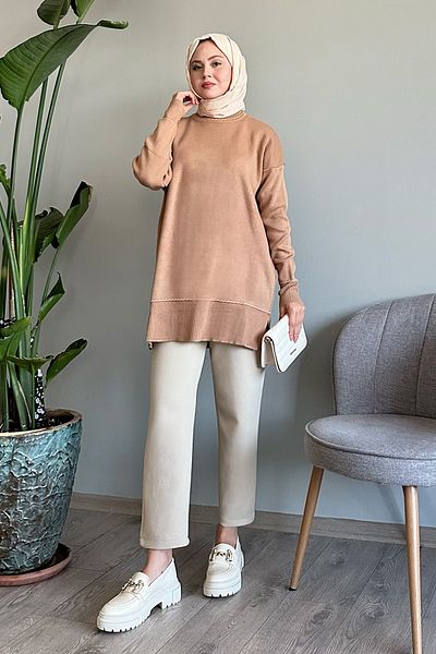InStyle Basic Camel Knitwear Sweater with Piping
