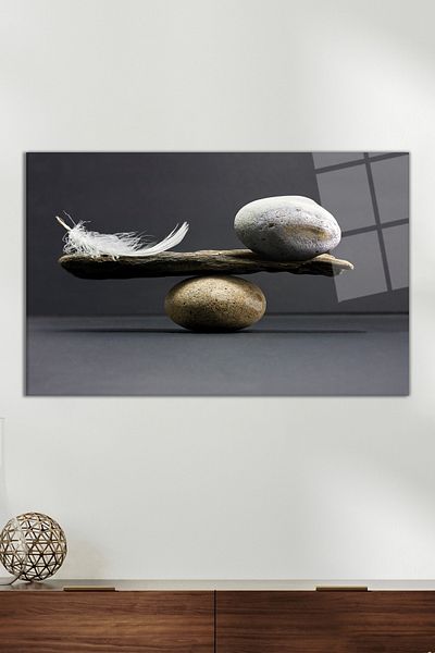 Vosevu Stone and Feather Balance Glass Painting, Modern Home Office Decor, Gift Wall Decoration, Unbreakable Glass