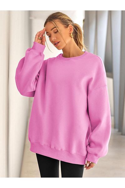 COMBİNE MİCHAİL Hanorac oversize de bază pentru damă, cu gât crew, ROZ SUGAR
