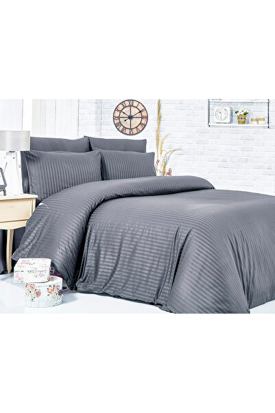 Komfort Home طقم غطاء لحاف من الساتان القطني المخطط المفرد