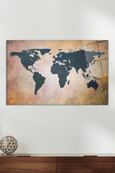 Vosevu Old Look Abstract World Map Glass Painting, Modern Home Office Decor, Gift Wall Decoration