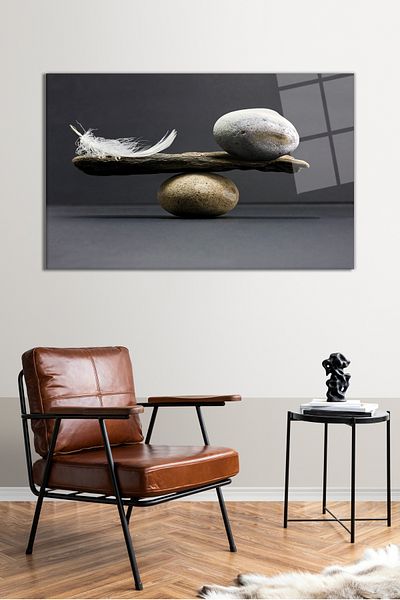 Vosevu Stone and Feather Balance Glass Painting, Modern Home Office Decor, Gift Wall Decoration, Unbreakable Glass