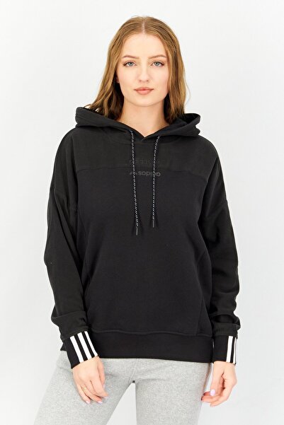 adidas هودي رياضي بأكمام طويلة للنساء، أسود