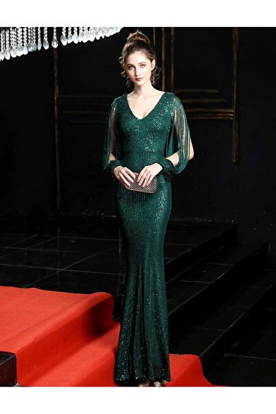 MODAS V YAKA UZUN PUL PAYET ABİYE ELBİSE