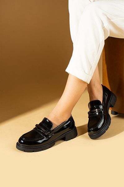 Pembe Potin Women's Black Patent Leather Loafer Moccasin Casual Buckle Daily Comfortable Sole Shoes
