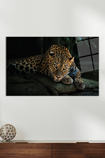 Wild Leopard Glass Table in Black Background, Modern Home Office Decor Gift Wall Decoration, Tempered Glass
