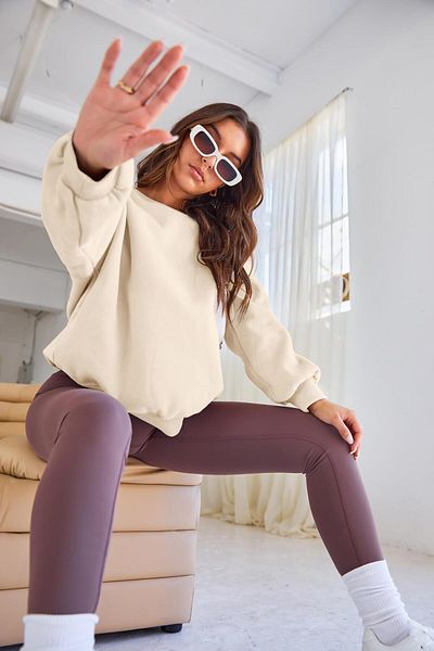 COMBİNE MİCHAİL Γυναικείο φούτερ σε μπεζ χρώμα Oversize Soft Crew Neck Thick Raised