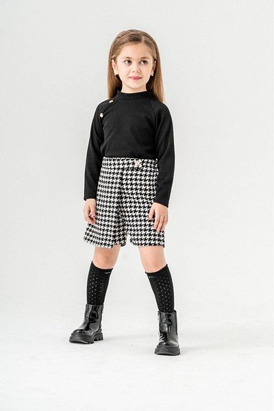 Minigimin Cicileri Houndstooth Patterned My Little Girl's Suit with Shorts Skirt - Button Detailed, Black and White