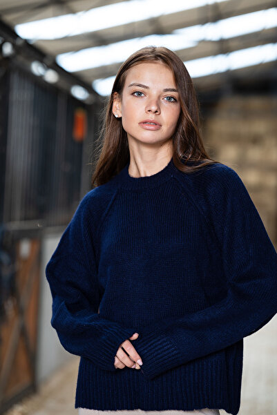 VerdeBlanco Kalın Fitilli Oversize Balon Kol Kazak Lacivert