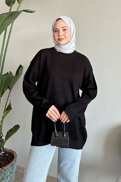 InStyle Pulover de bază negru cu nervuri