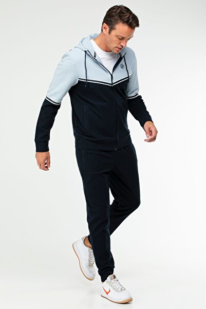 speedlife Navy Blue Regular Cotton Hooded Men's Tracksuit Set Xa1770