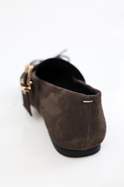 5in1Canpolat Bitter Brown Buckle Square Toe Ballerinas 24154