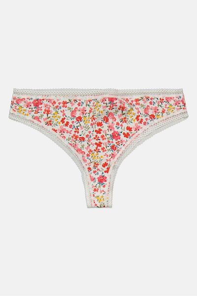 Etam Women Floral Print Pull On Tanga Panty, White Combo