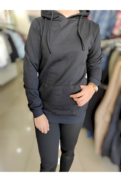 Sublime Butik سويت شيرت بقلنسوة أسود موسمي للجنسين مع جيب الكنغر