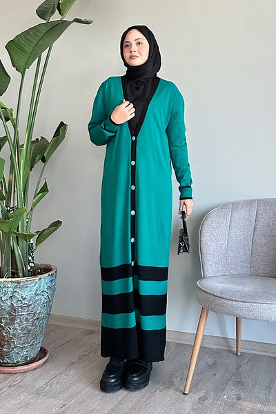 InStyle Λεπτομέρεια ρίγες Μακριά σμαραγδένια πράσινη πλεκτή ζακέτα