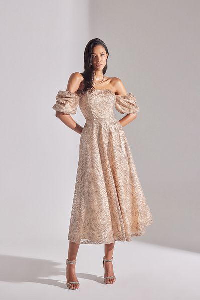 BETTY & SAM Rochie de logodnă midi cu mânecă cu balon cu sclipici SARAH