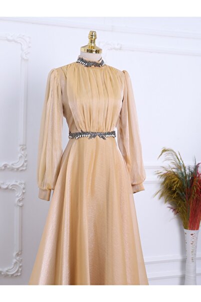 Modamorfo Tulle Evening Dress with Bead Detail on the Neck and Waist