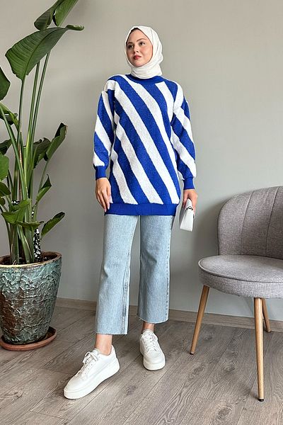InStyle Yumoş Double Striped Blue Knitwear Sweater