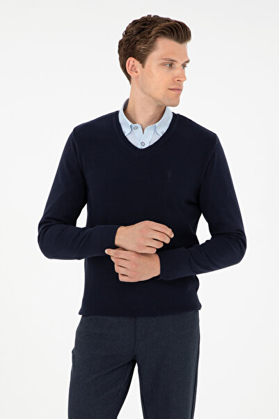 U.S. Polo Assn. Men's Slim Fit V-Neck Navy Blue Basic Sweater 50288886-Vr033