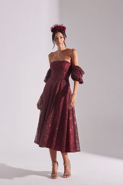 BETTY & SAM SARAH Glitzerndes Midikleid mit Ballonärmeln und Volant