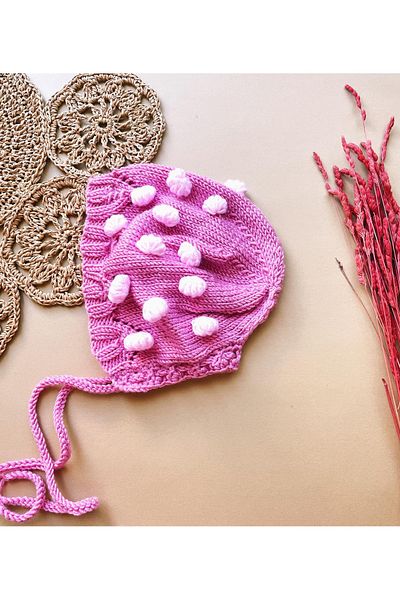 The Cloudish Shop Pink Laura Lora Pompom Baby Beanie - Hand Knitted and Hat Bonnet
