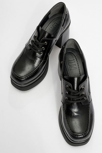 LuviShoes DUDLEY Pantofi cu toc cu platformă pentru femei cu șireturi din piele neagră