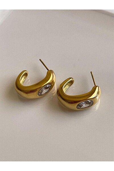 Çelik Gold Beyaz Taşlı Küpe (2 Cm)
