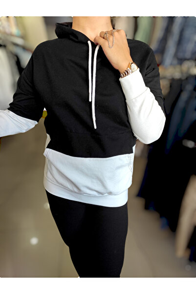 Sublime Butik Unisex Μαύρο Λευκό Διπλό Φούτερ με κουκούλα καγκουρό τσέπη