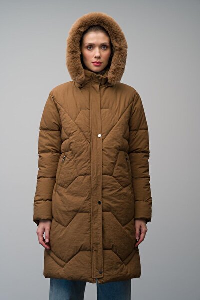 Olcay Vzorovaný prošívaný kabát – odepínací kožešina a kapuce, Camel 6620