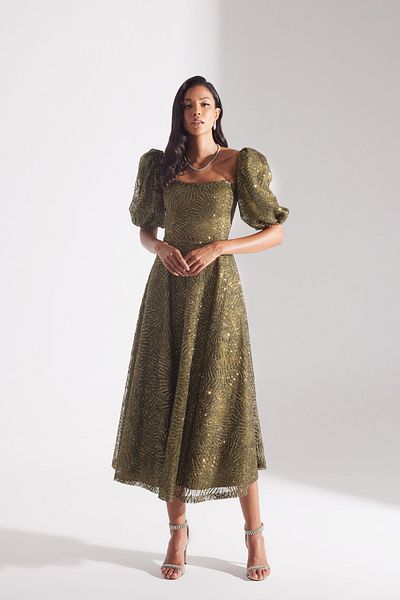 BETTY & SAM Sarah Glitter Balloon Sleeve Flounced Midi Engagement Dress
