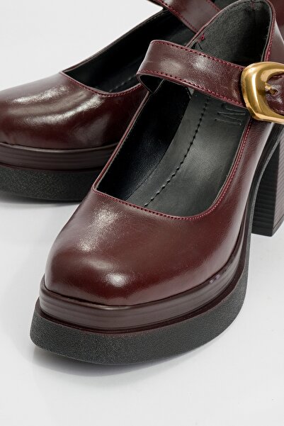 LuviShoes ASHES Bordo Cilt Gold Tokalı Kadın Platform Topuklu Ayakkabı