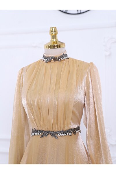 Modamorfo Tulle Evening Dress with Bead Detail on the Neck and Waist