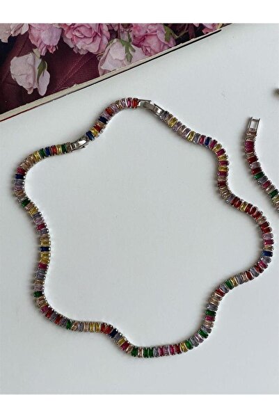 Koprinaco Çelik Renkli Baget Taşlı Gümüş Renk Valeria Lena Kolye (46 Cm)