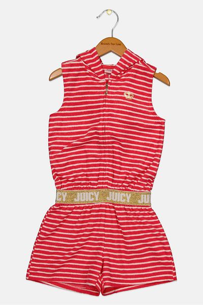 Juicy Couture Kids Girl Brand Logo Sleeveless Hooded Rompers, Red