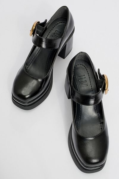 LuviShoes ASHES Black Skin Gold Buckle Damen-Plateauschuhe mit Absatz