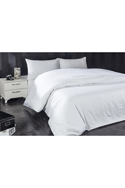 Komfort Home طقم غطاء لحاف من الساتان القطني المخطط (أبيض)
