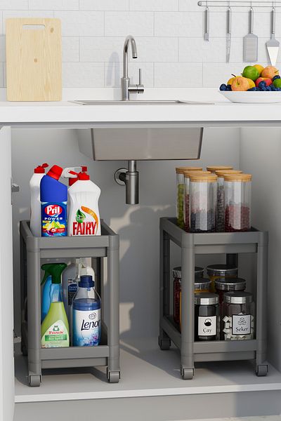 Ecolux Set of 2 Organizer Shelf with Wheels White, Bathroom Cabinet, Kitchen Countertop and under Sink Detergent Holder Gray