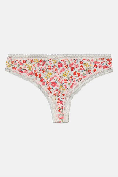 Etam Women Floral Print Pull On Tanga Panty, White Combo