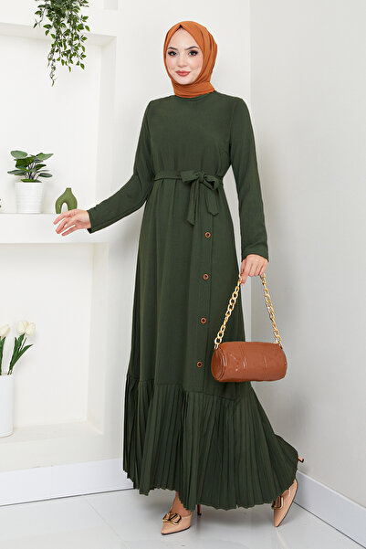 ModaMerve Khaki Color Pleated Skirt Dress - 2398Hbs932-M